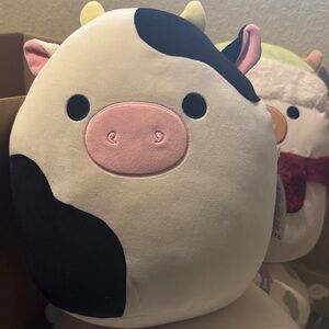 Cow Plush Squishmallow-Style Soft Toy in Cream, Black & Pink
